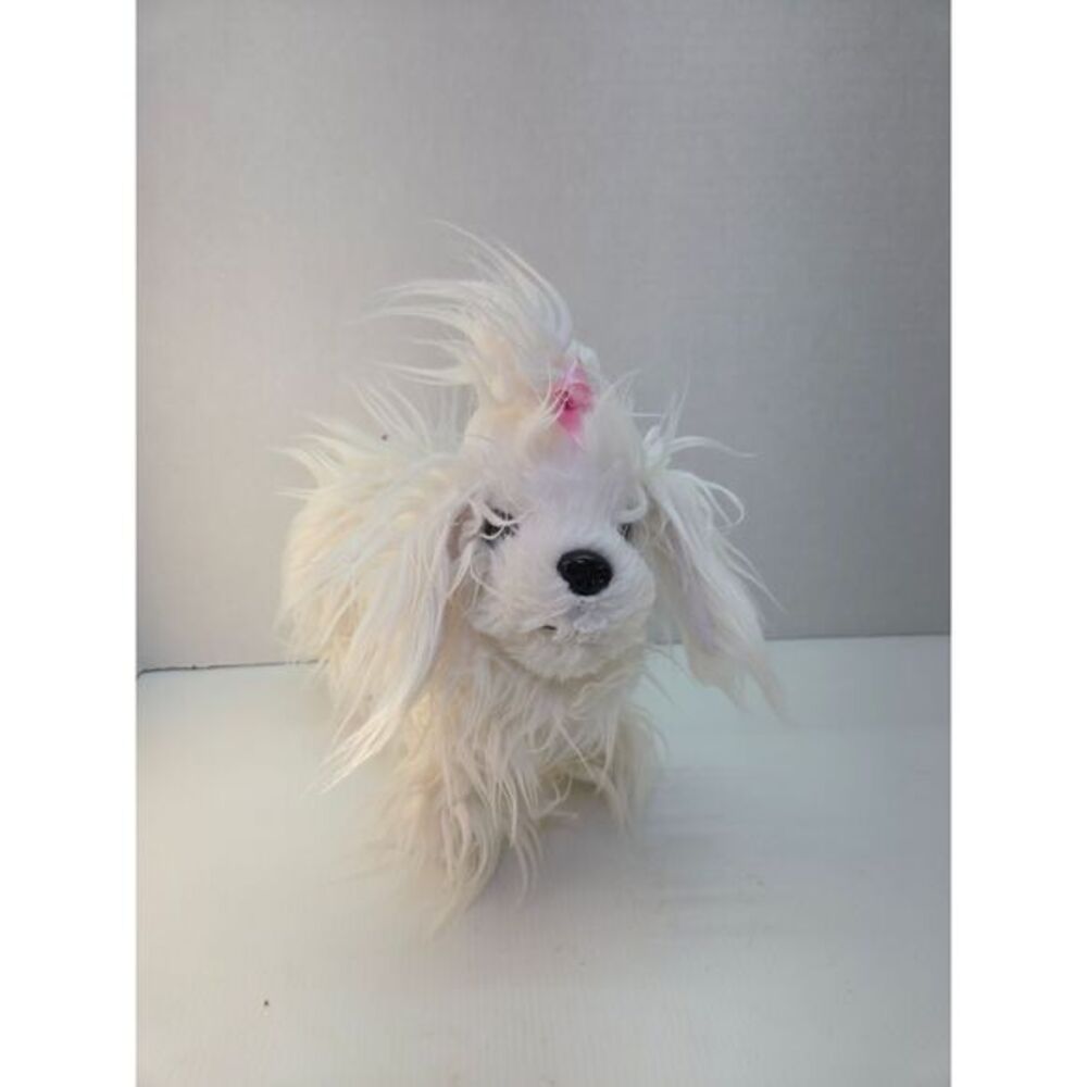 Battat White Yorkie 10" Fluffy Puppy Dog Plush Stuffed Long Hair Pink Bow‎